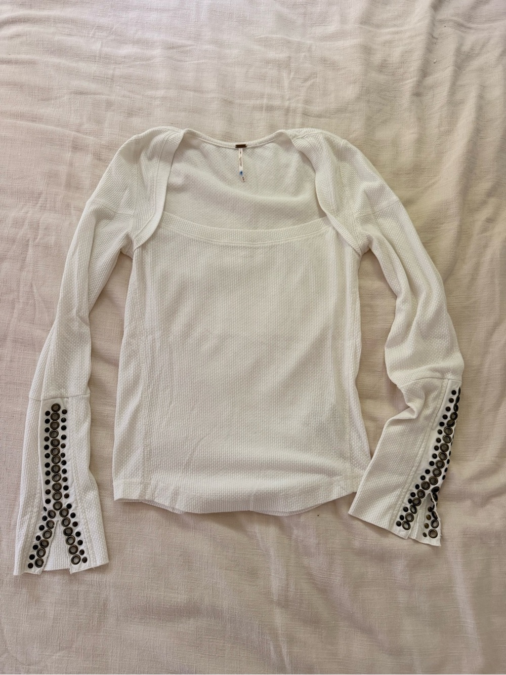 Free People White Long-Sleeve Knit Top with Studded Cuff Detail